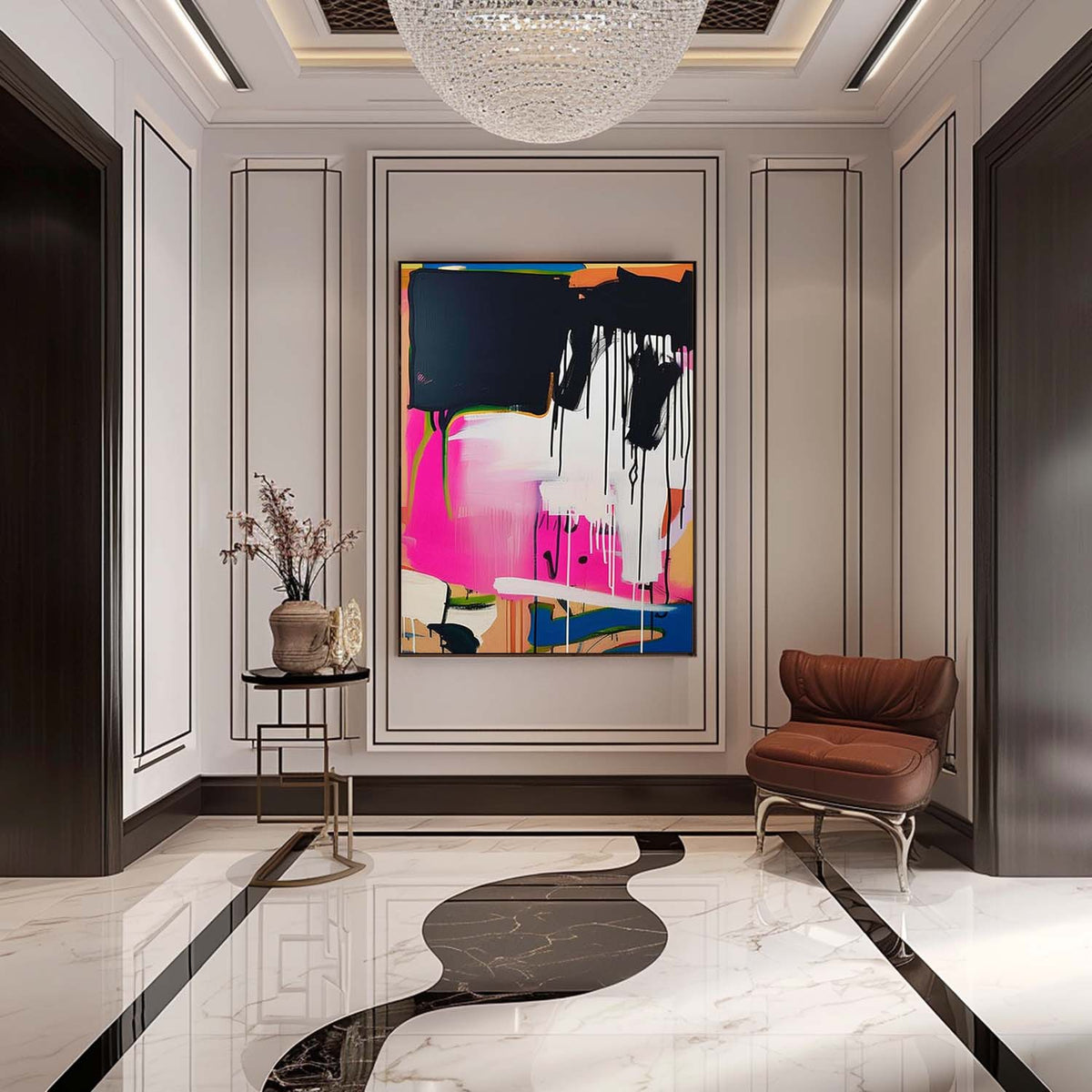 Pink & Black Drip Abstract Painting
