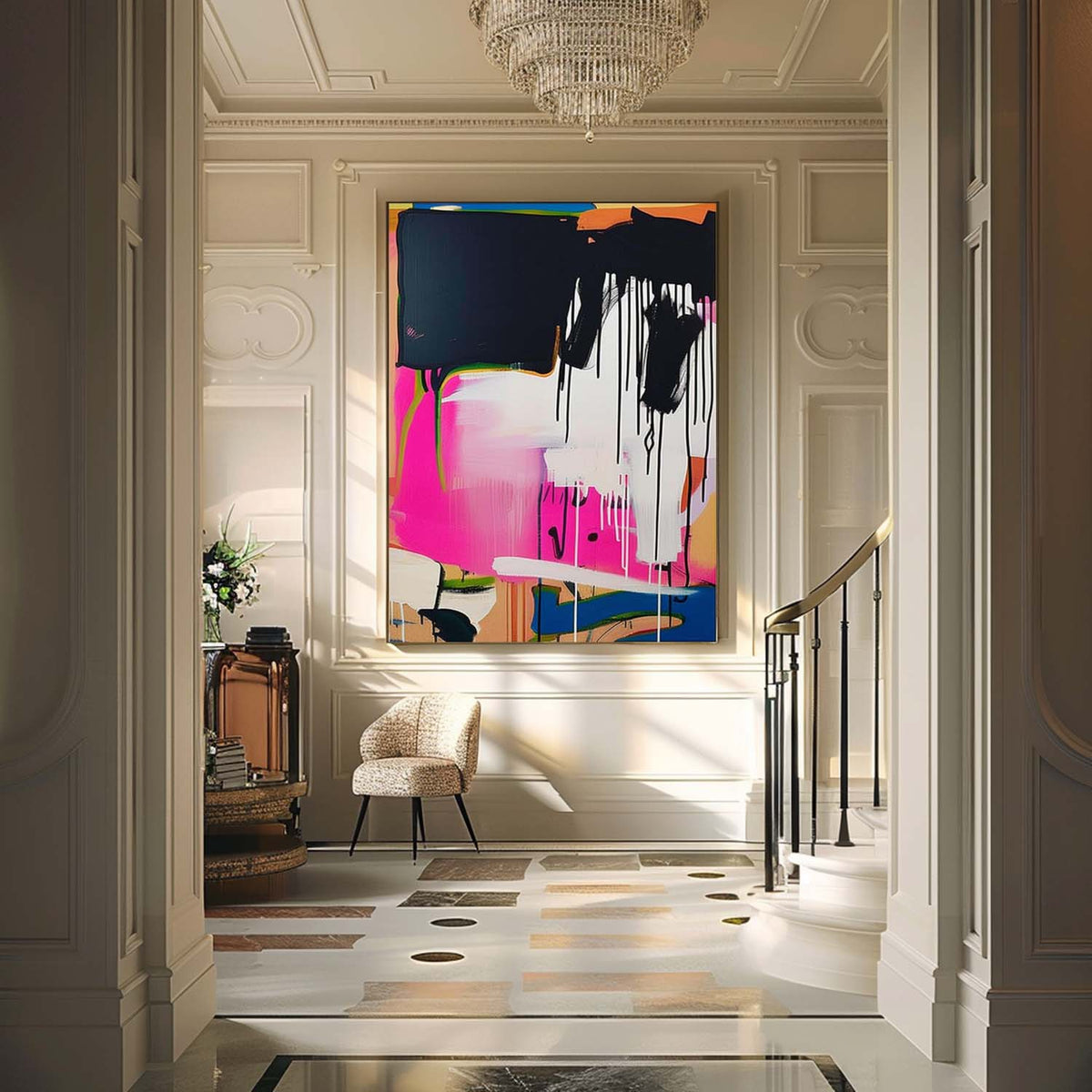 Pink & Black Drip Abstract Painting