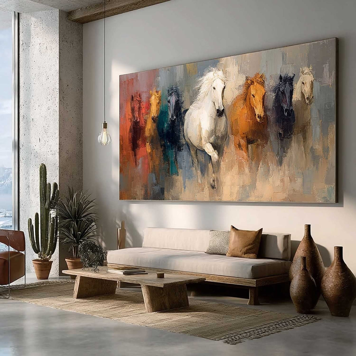 Wall Art Panoramic Impressionist Galloping Horses Scene Vibrant