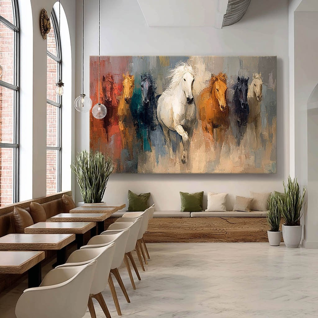 Wall Art Panoramic Impressionist Galloping Horses Scene Vibrant