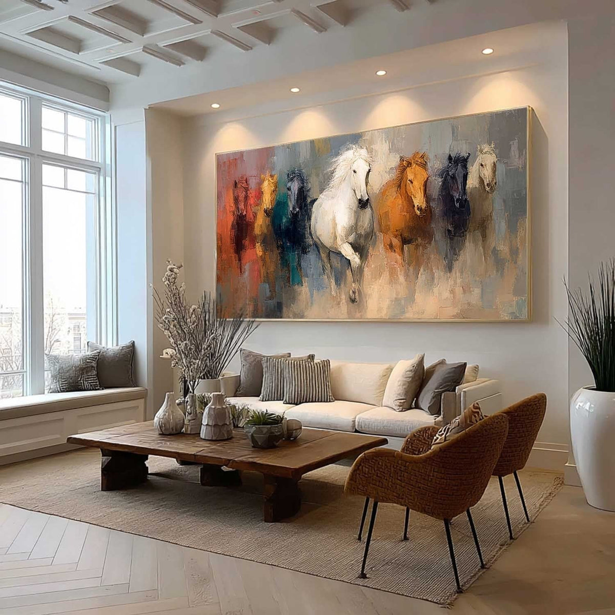 Wall Art Panoramic Impressionist Galloping Horses Scene Vibrant