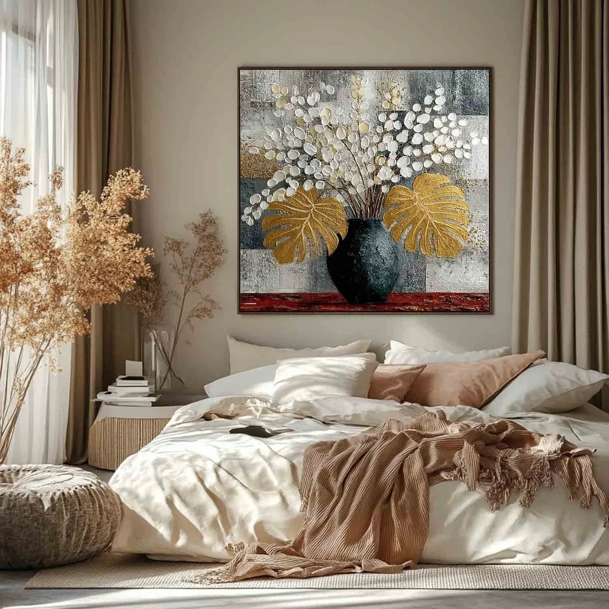 Gold Monstera White Blossoms Impasto Painting