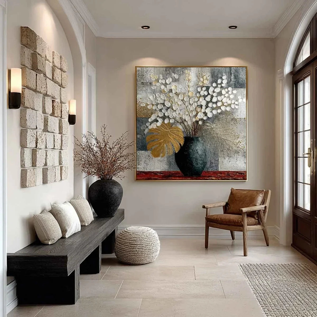 Gold Monstera White Blossoms Impasto Painting