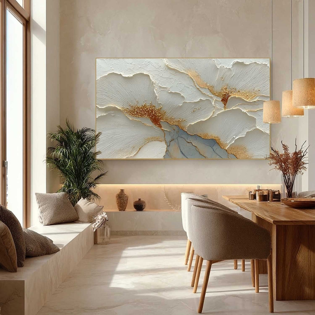 Luxury White & Gold Floral Impasto Painting