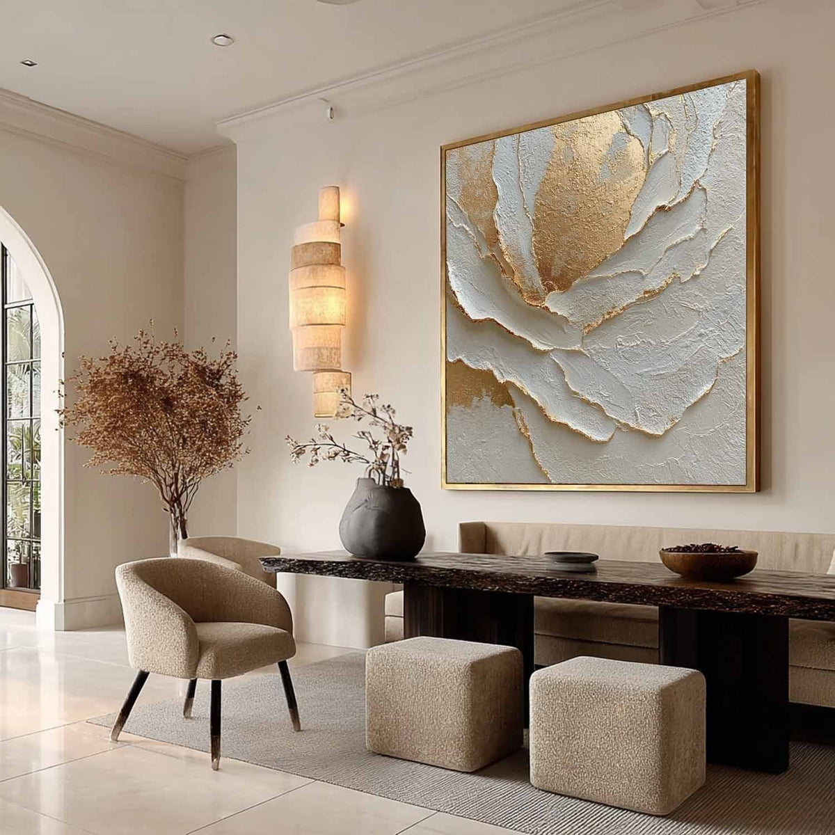 Wall Art White Peony Gold Accent Floral