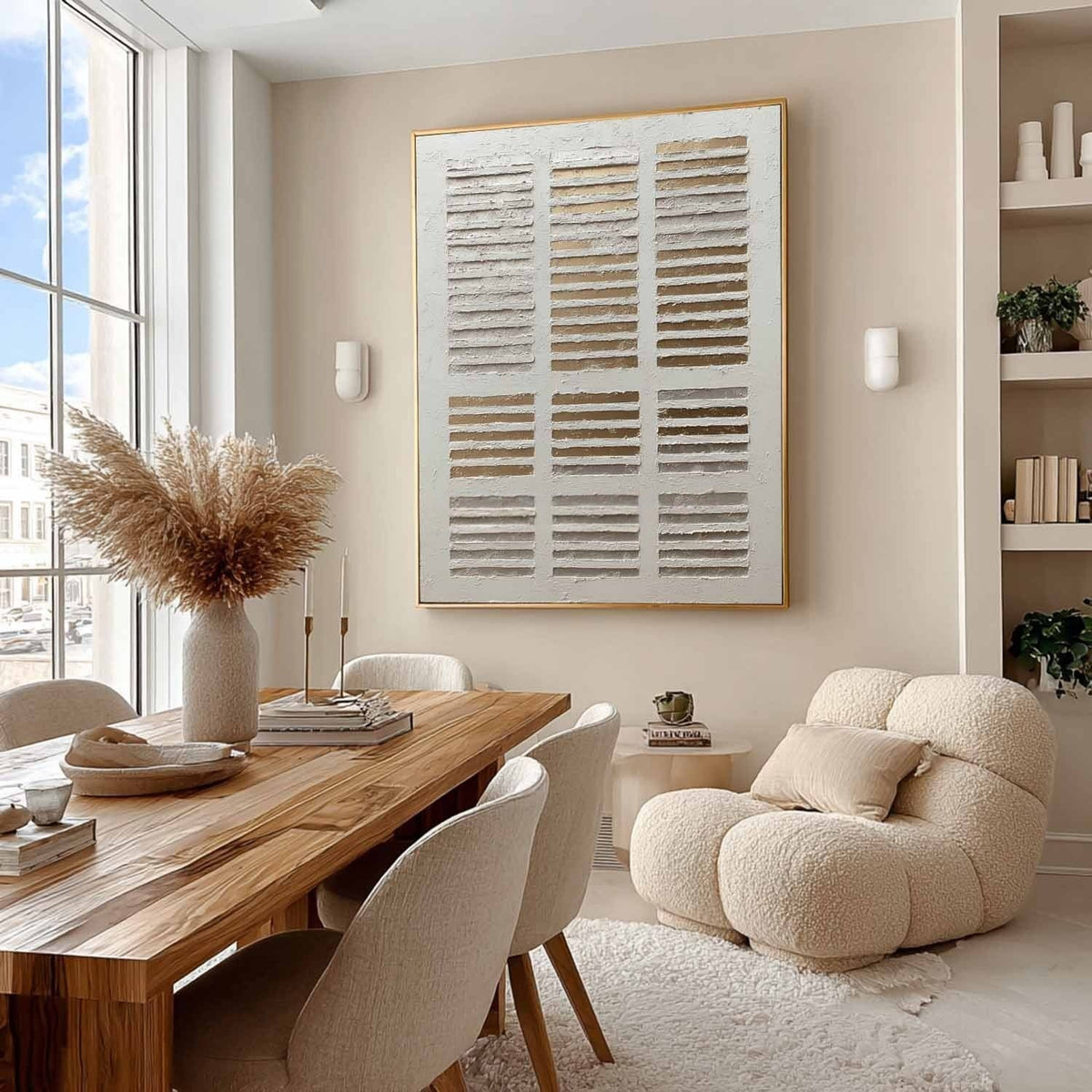 Wall Art Minimalist Grid Beige Gold Textured