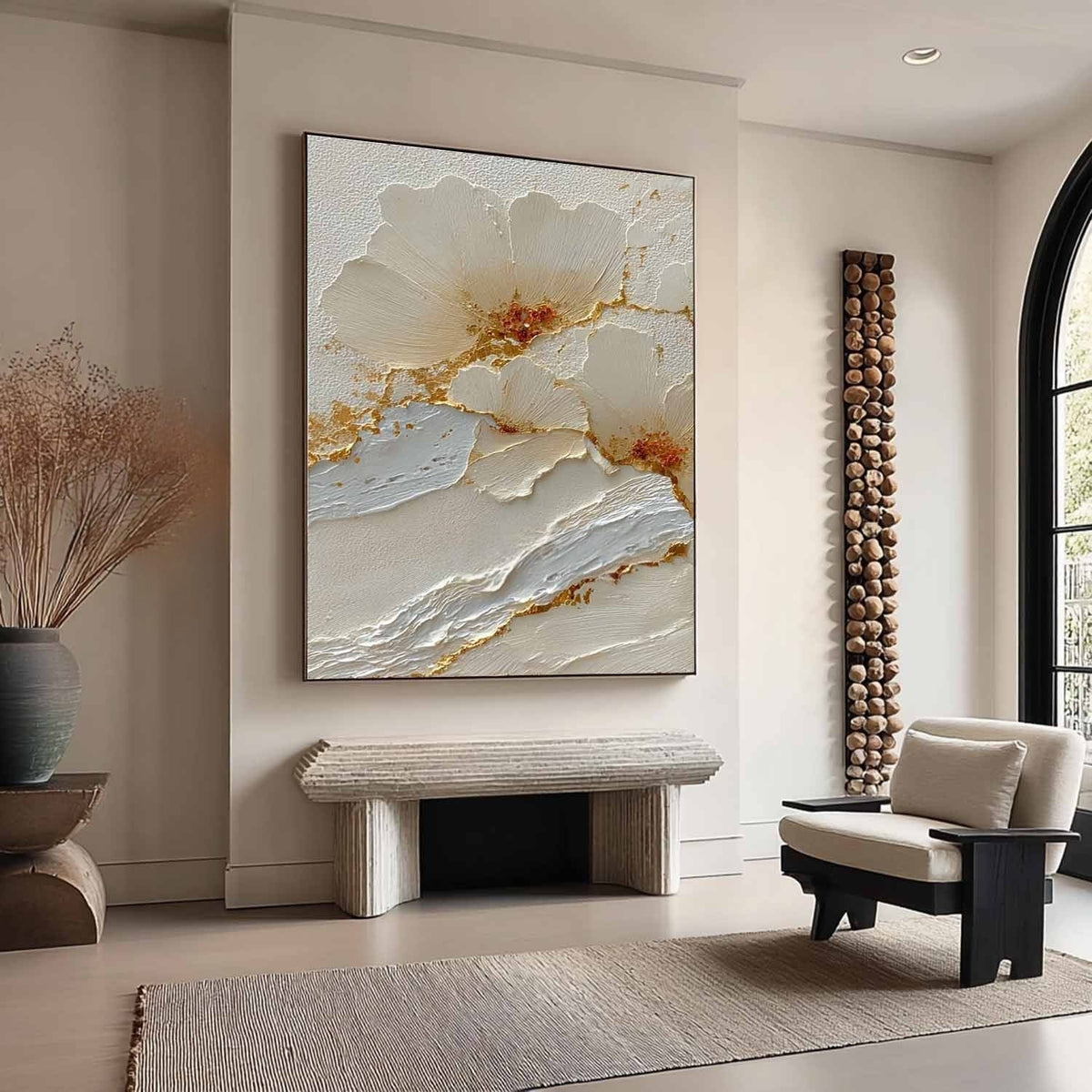Wall Art Cream Floral Gold Kintsugi Textured
