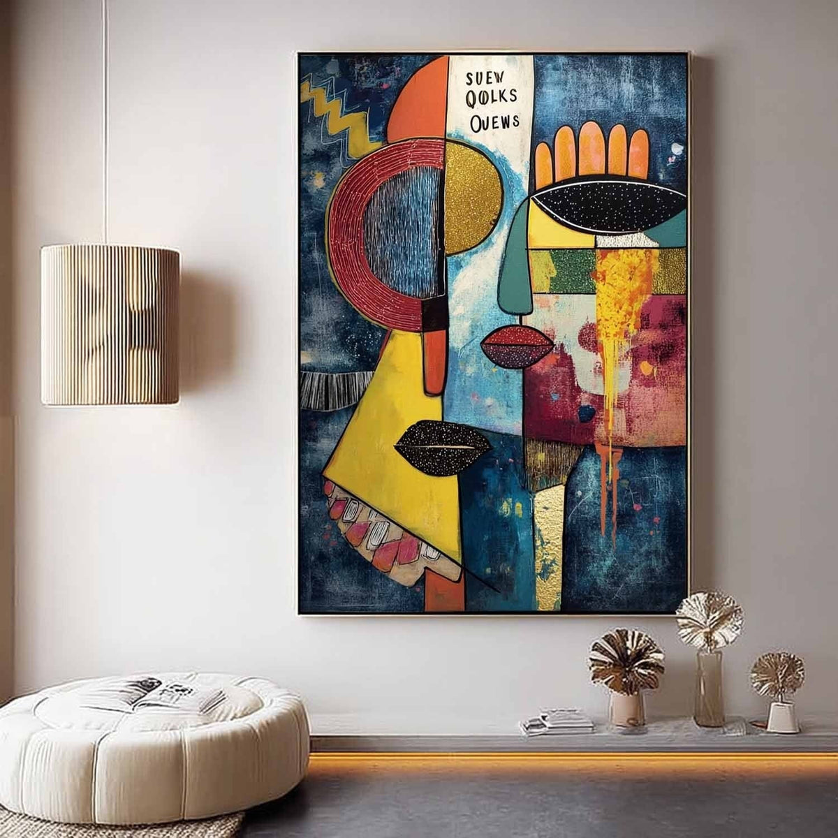 Wall Art Vertical Cubist Abstract Face Scene Vibrant
