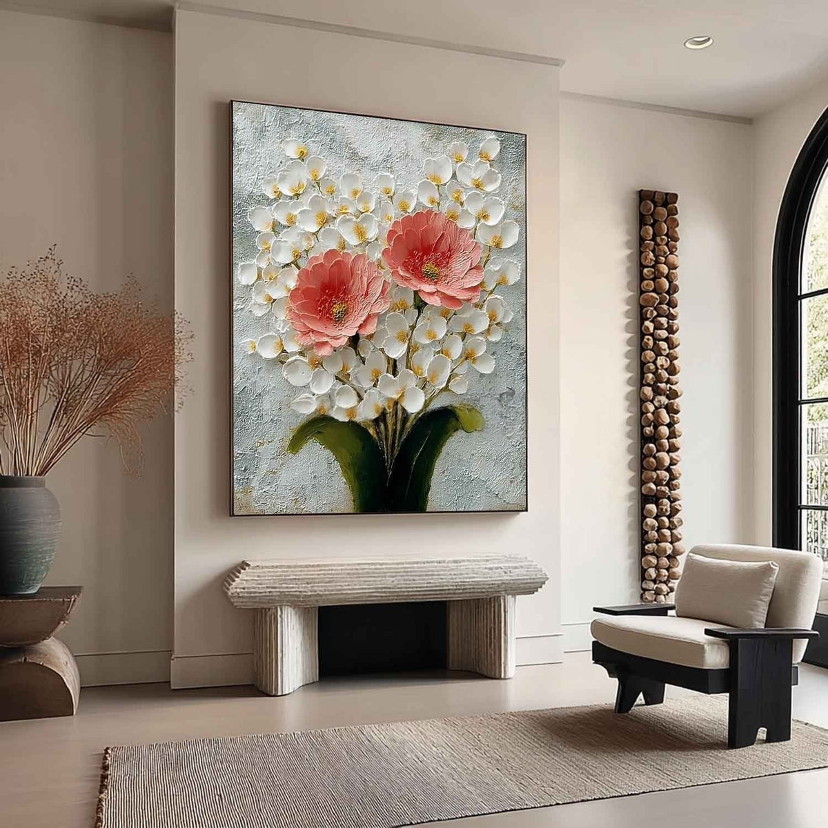 Wall Art Pink Peony White Blossom Floral Painting