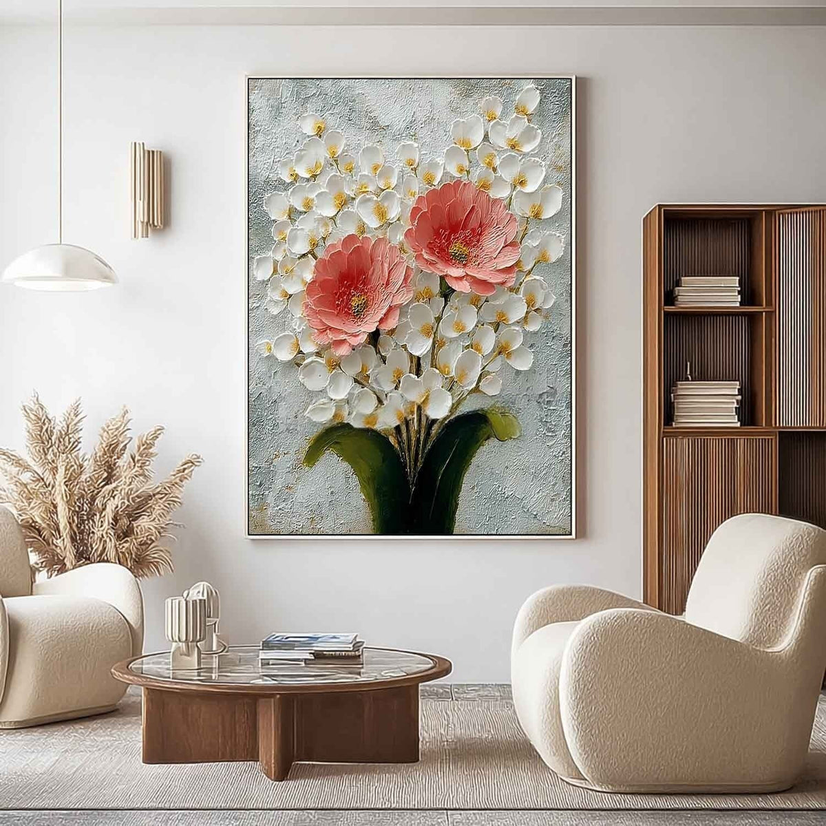 Wall Art Pink Peony White Blossom Floral Painting
