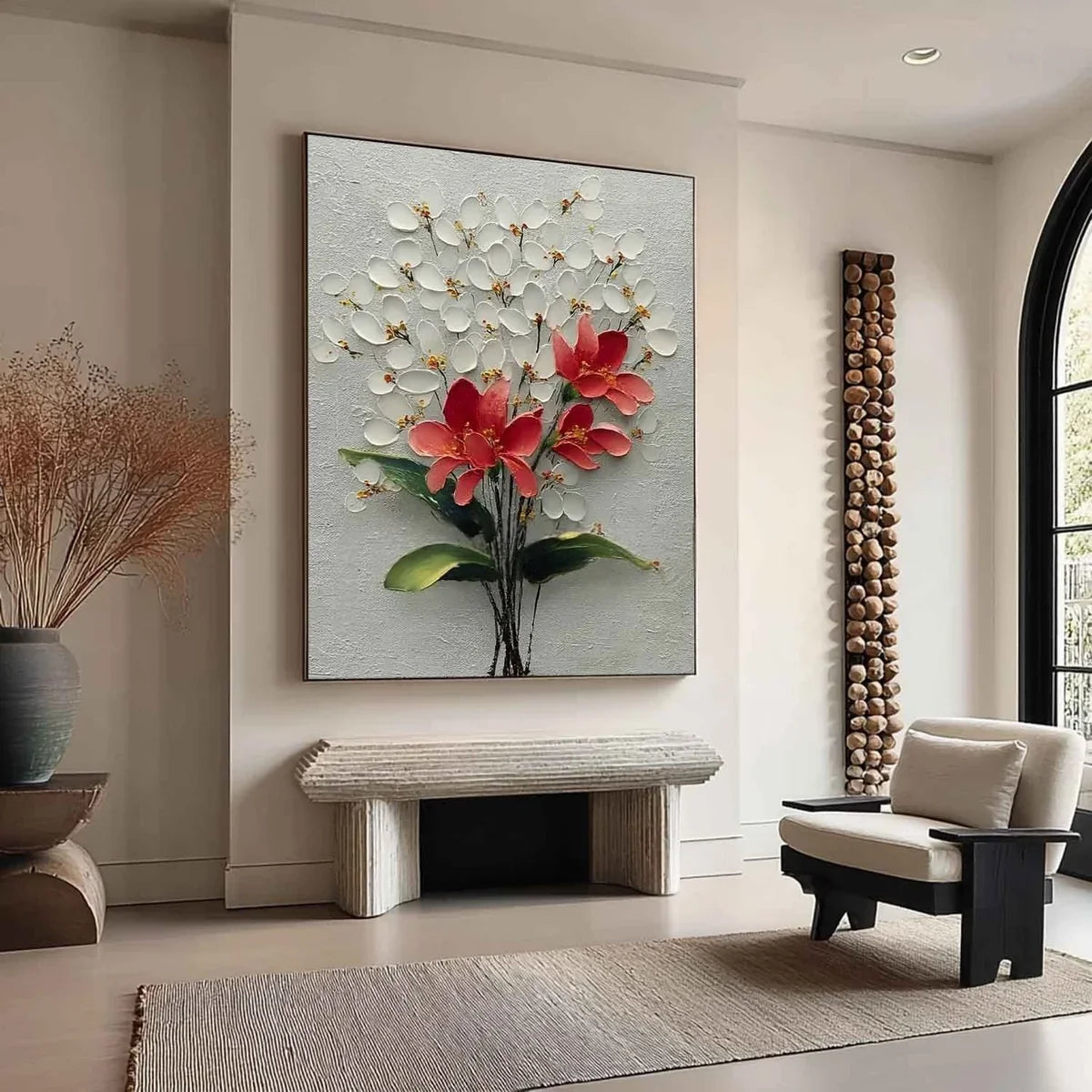 White Blossoms Red 3D Textured Painting