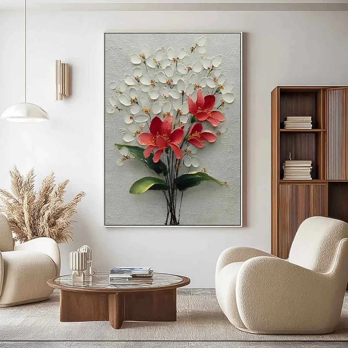 White Blossoms Red 3D Textured Painting