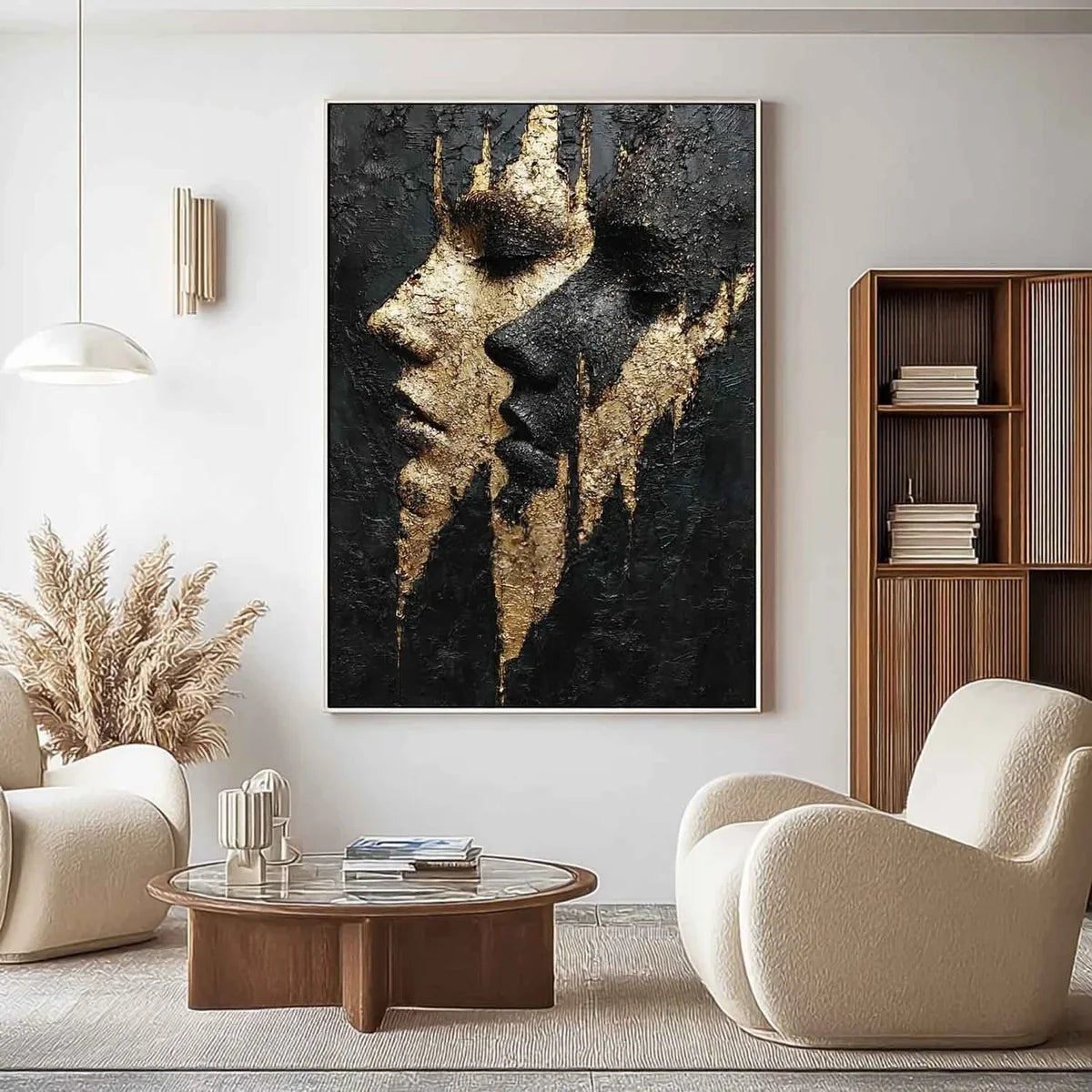 Yin-Yang Lovers Black Gold Impasto Painting