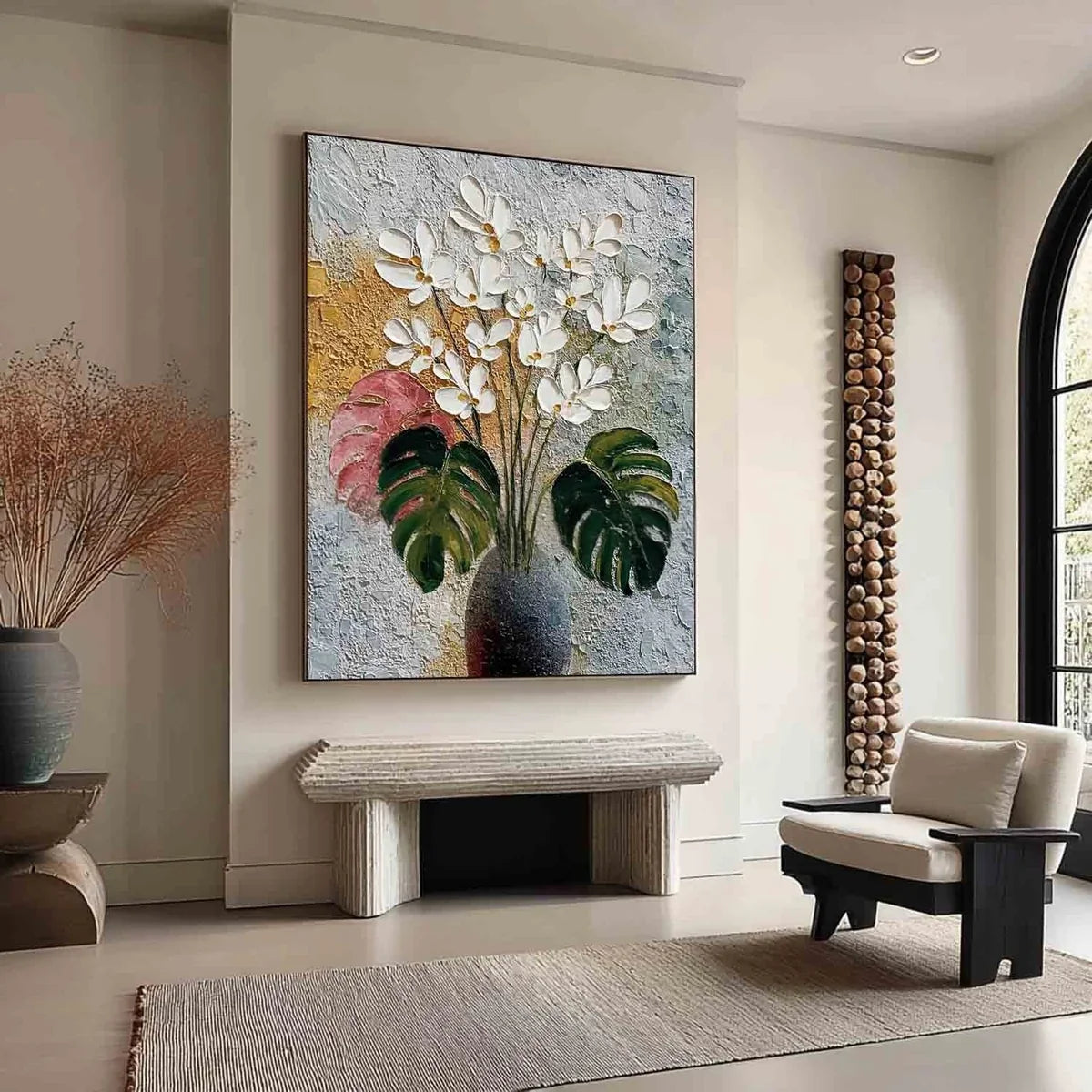 White Blossoms Monstera Impasto Painting