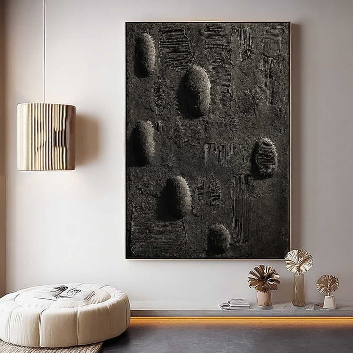 Black Minimalist Pebble Texture Painting - Neutralighting