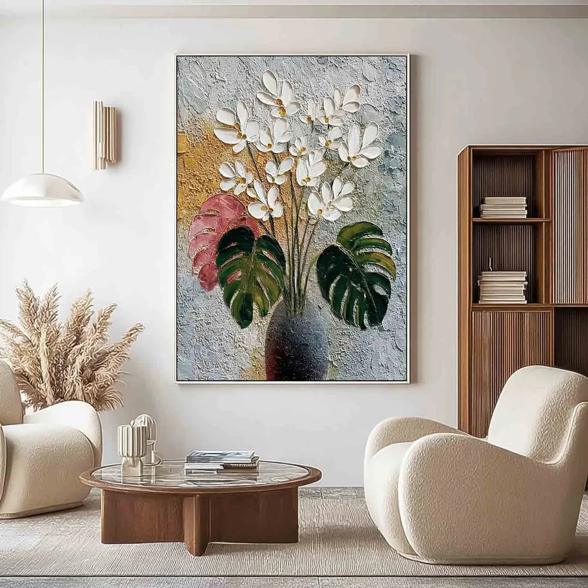 White Blossoms Monstera Impasto Painting