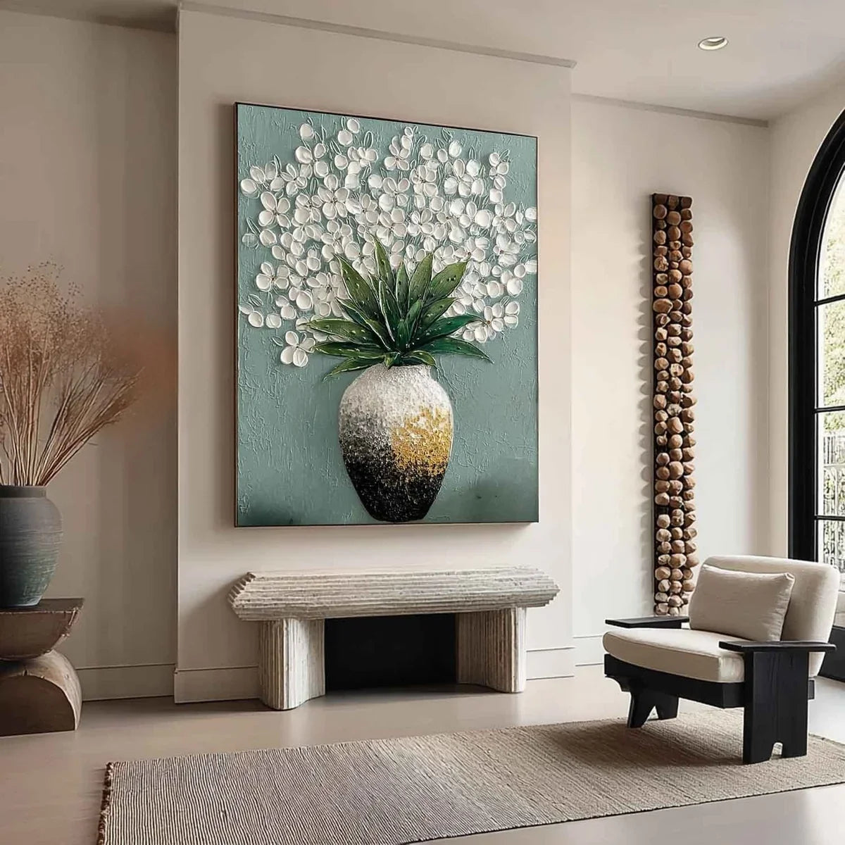 White Blossoms Ombre Vase Impasto Painting
