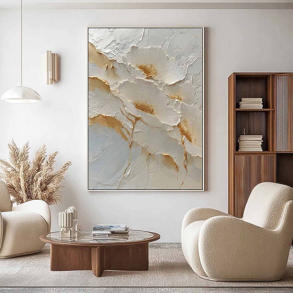 Wall Art Abstract Floral White Gold Palette