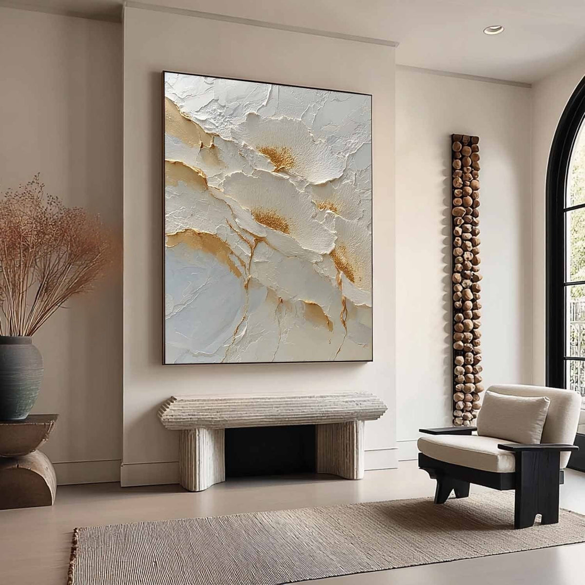 Wall Art Abstract Floral White Gold Palette