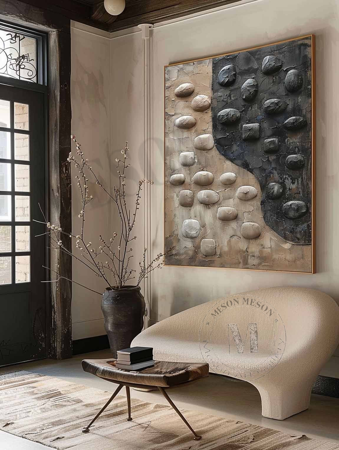 Wabi-Sabi Pebble Bas-Relief Painting