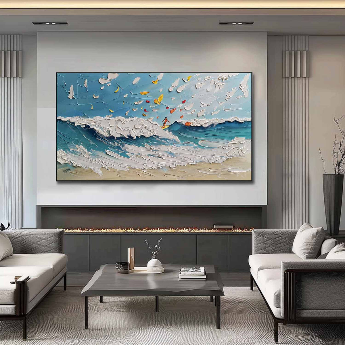 Textured Ocean Wave Surfing Scene Oil Painting