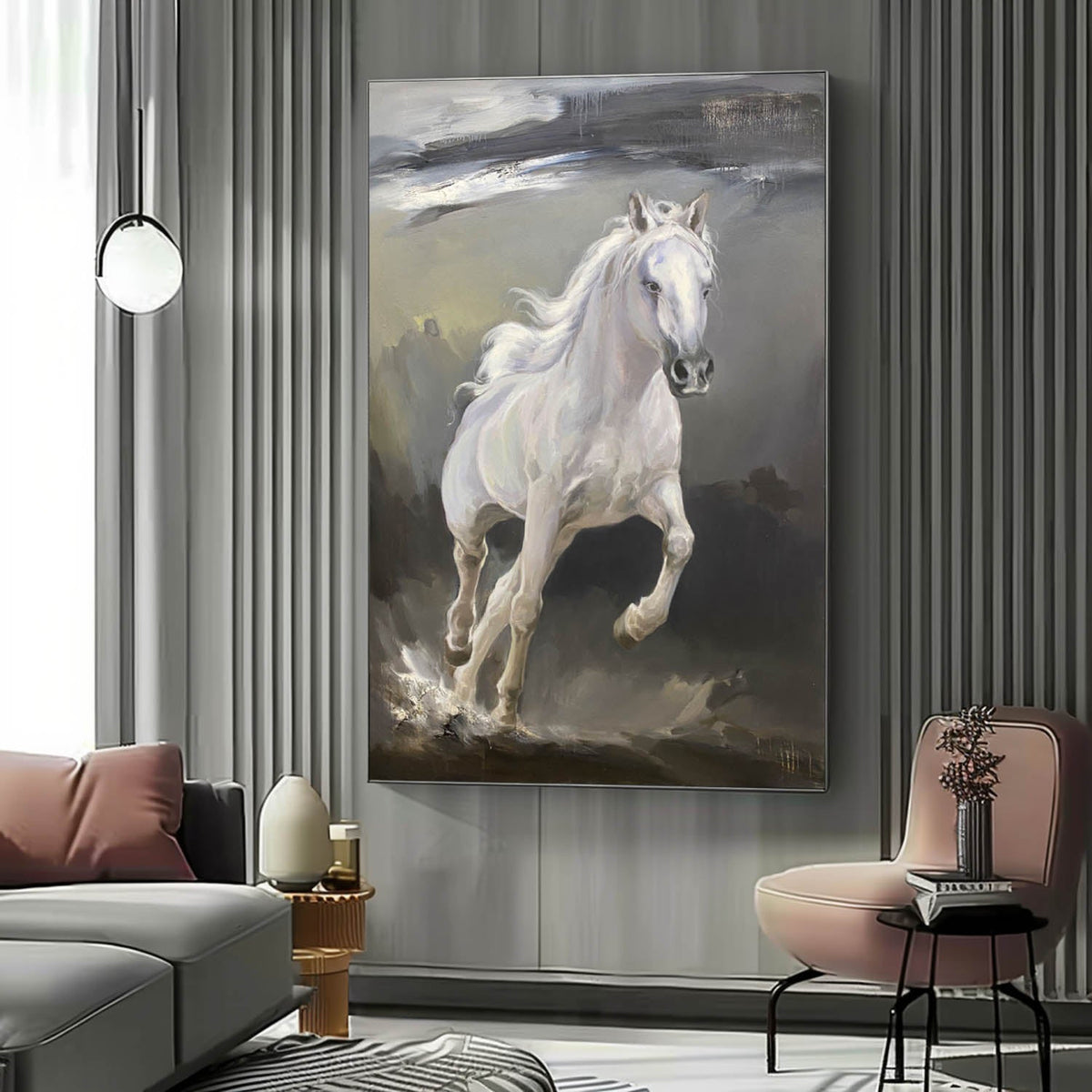 Wall Art Vertical Impressionist White Horse Scene Muted