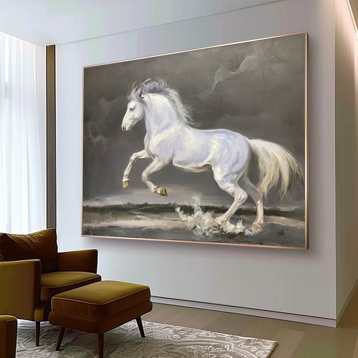 Wall Art Panoramic Realist White Horse Scene Moody