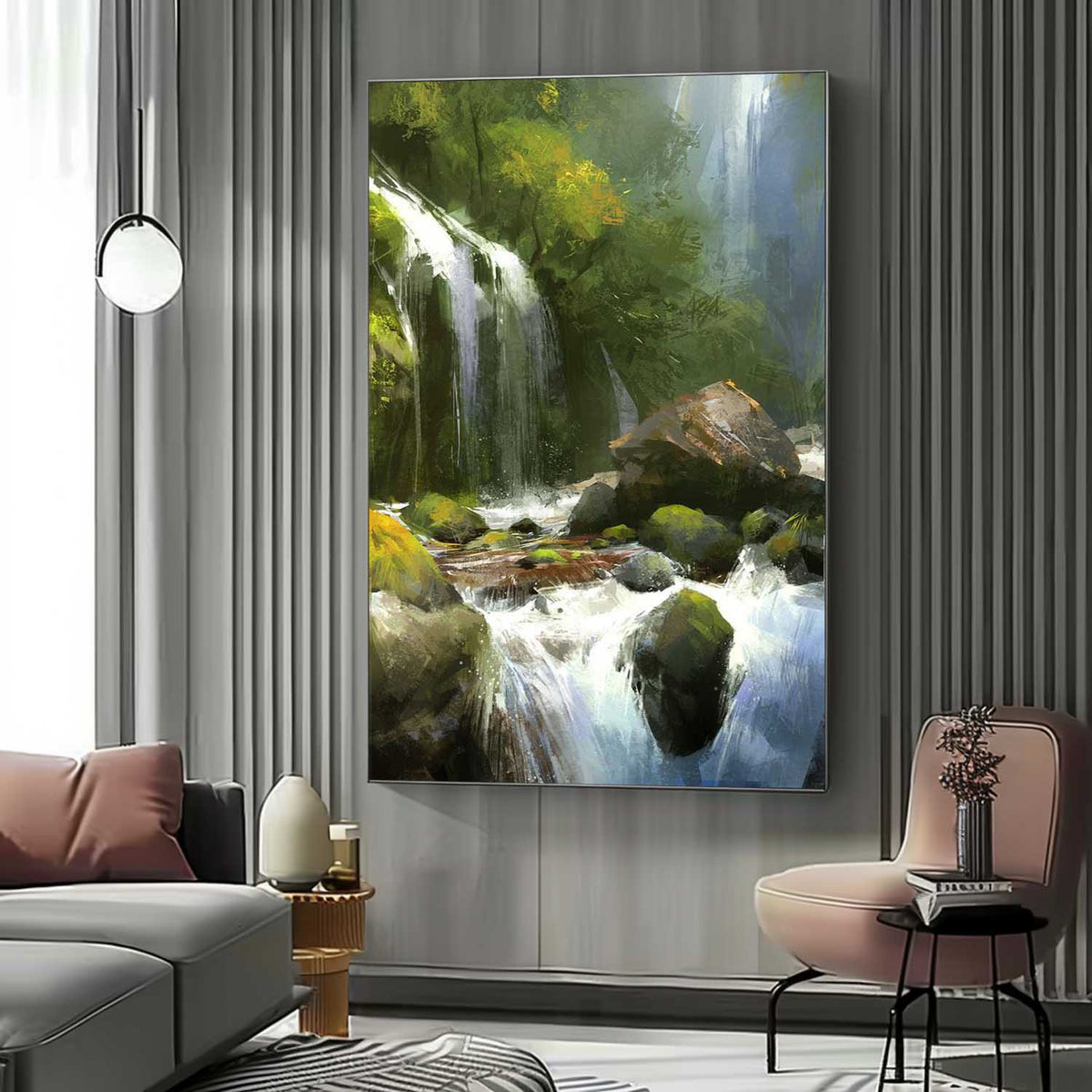 Wall Art Vertical Impressionist Waterfall Landscape Lush