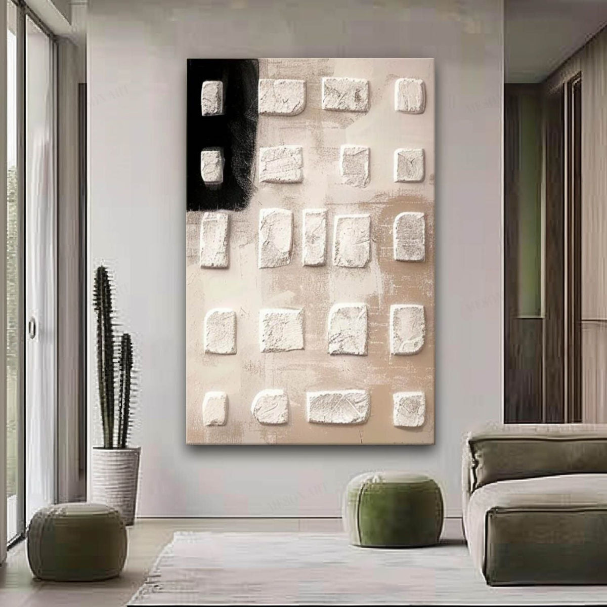 Neutral Textured 3D Block Oil Painting Black Minimalist