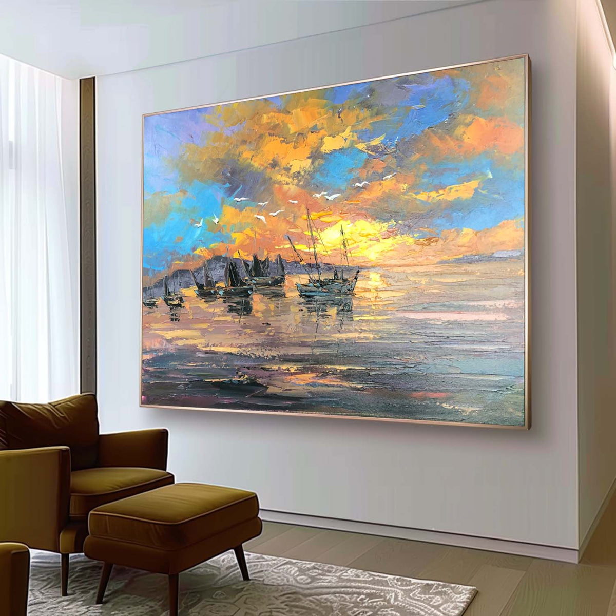 Wall Art Rectangle Impressionist Harbor Golden Sunset
