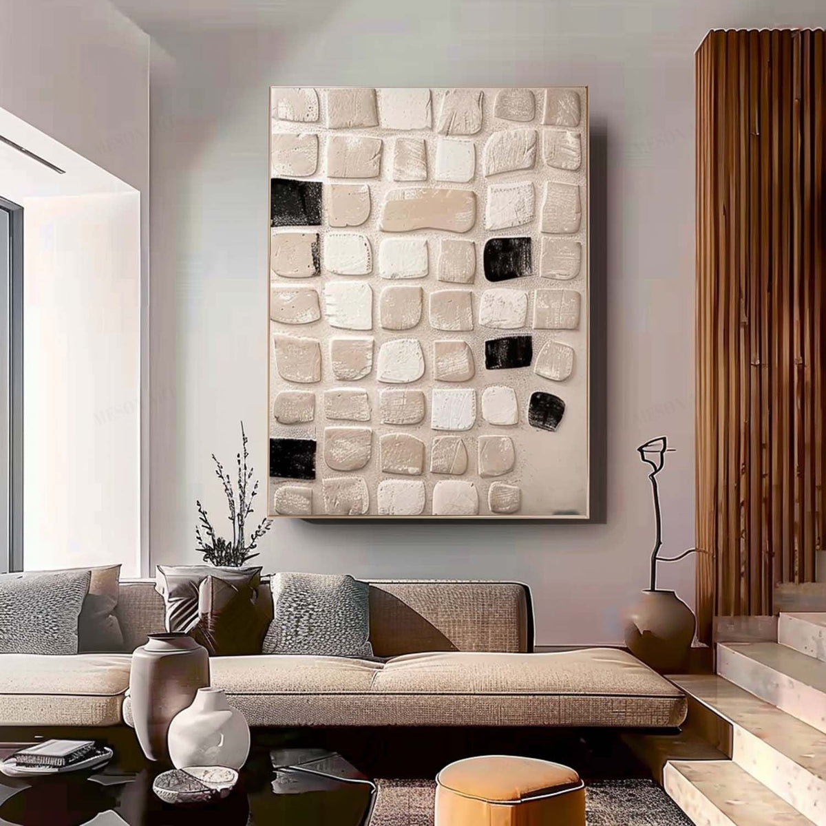 Neutral Textured 3D Patchwork Oil Painting Black Framed