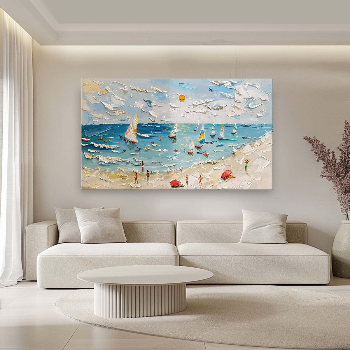Tactile Coastal Beach Oil Painting Sailboats Bright