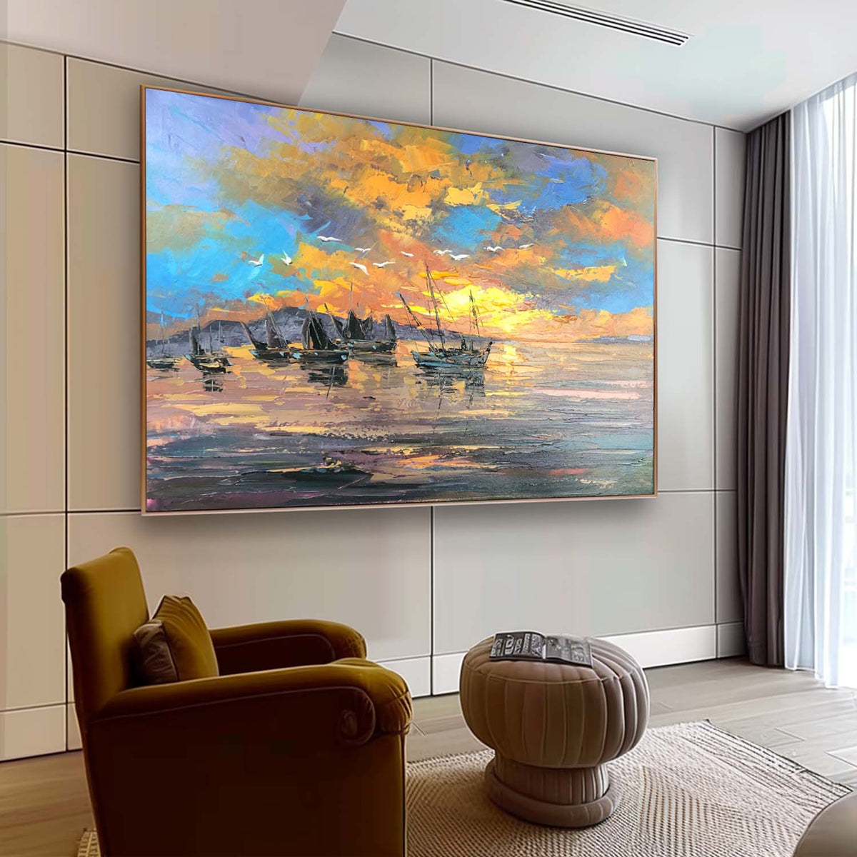 Wall Art Rectangle Impressionist Harbor Golden Sunset