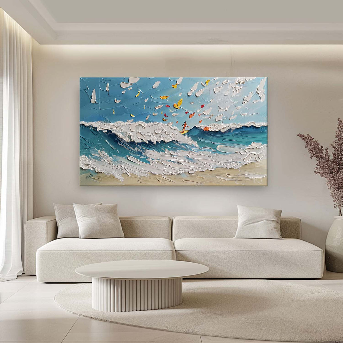 Textured Ocean Wave Surfing Scene Oil Painting