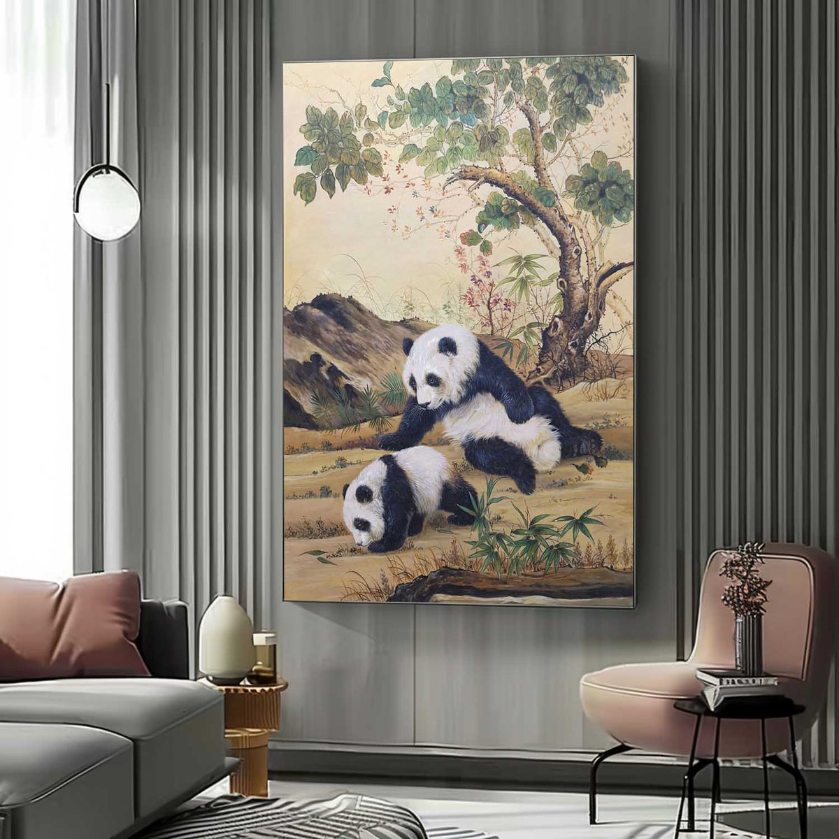 Wall Art Vertical Traditional Chinese Panda Scene Soft