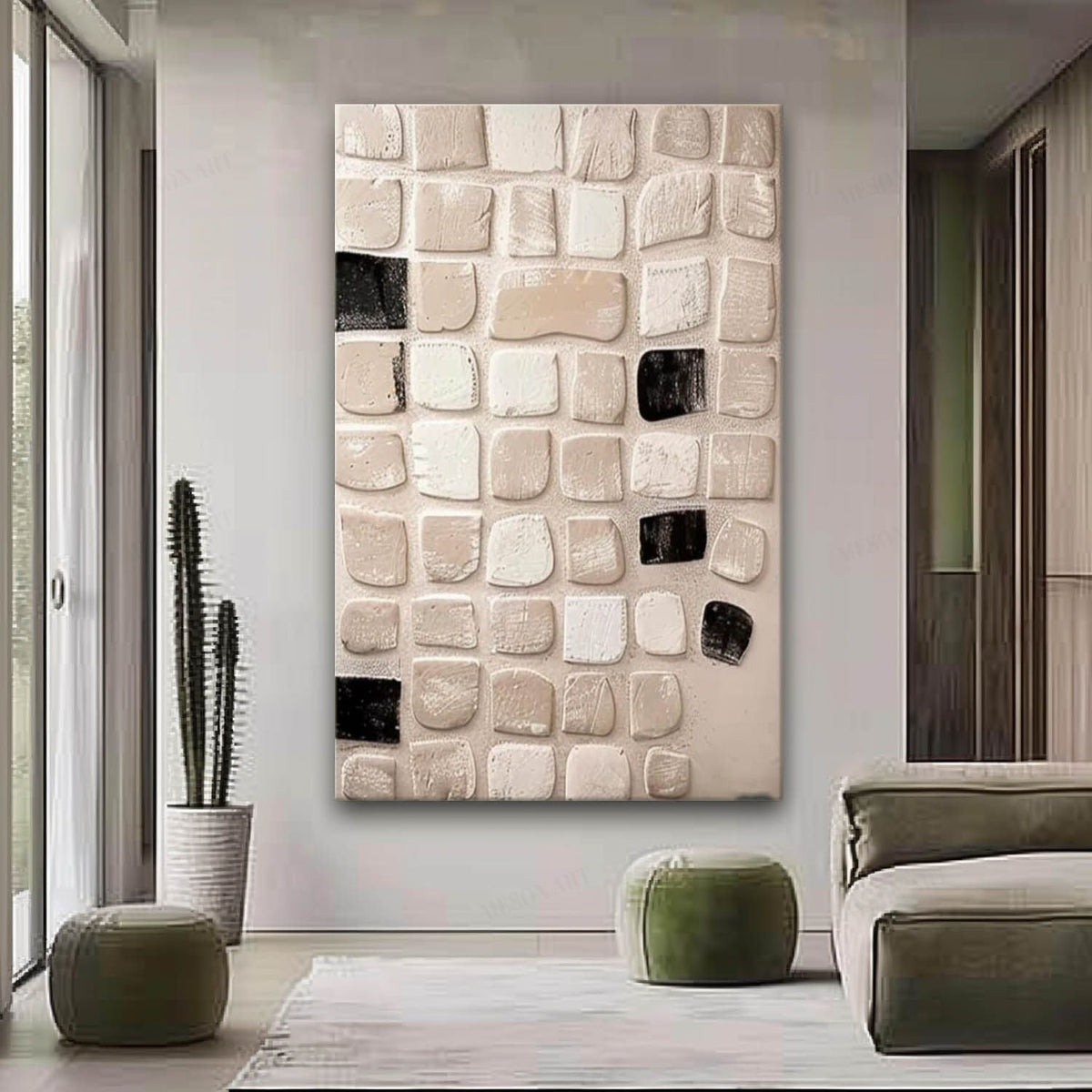 Neutral Textured 3D Patchwork Oil Painting Black Framed