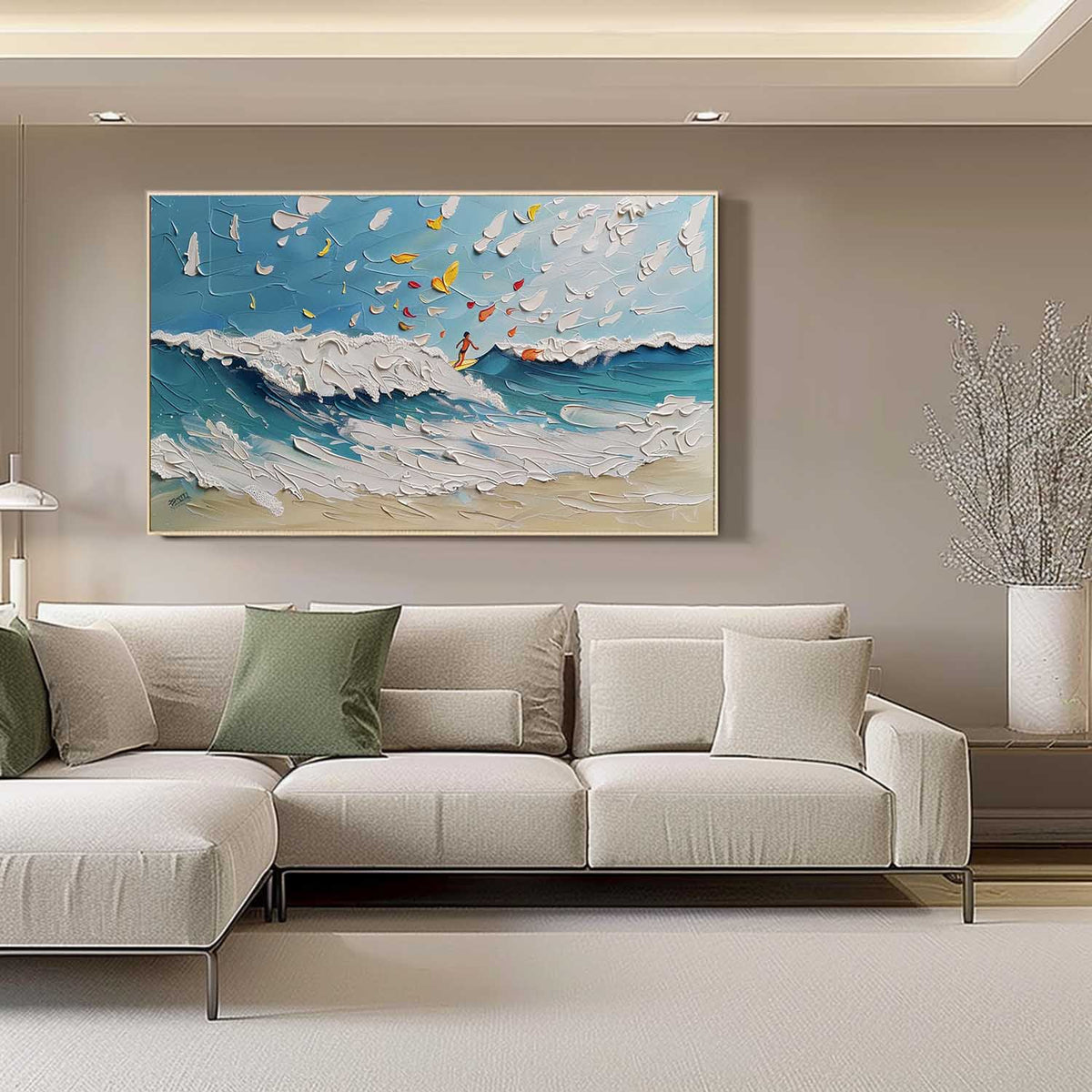 Textured Ocean Wave Surfing Scene Oil Painting