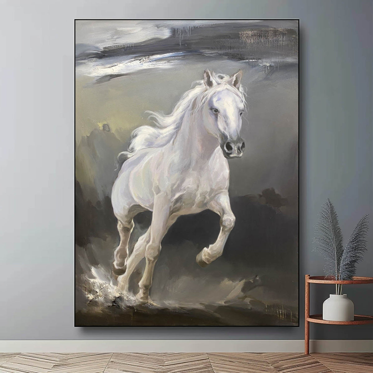 Wall Art Vertical Impressionist White Horse Scene Muted