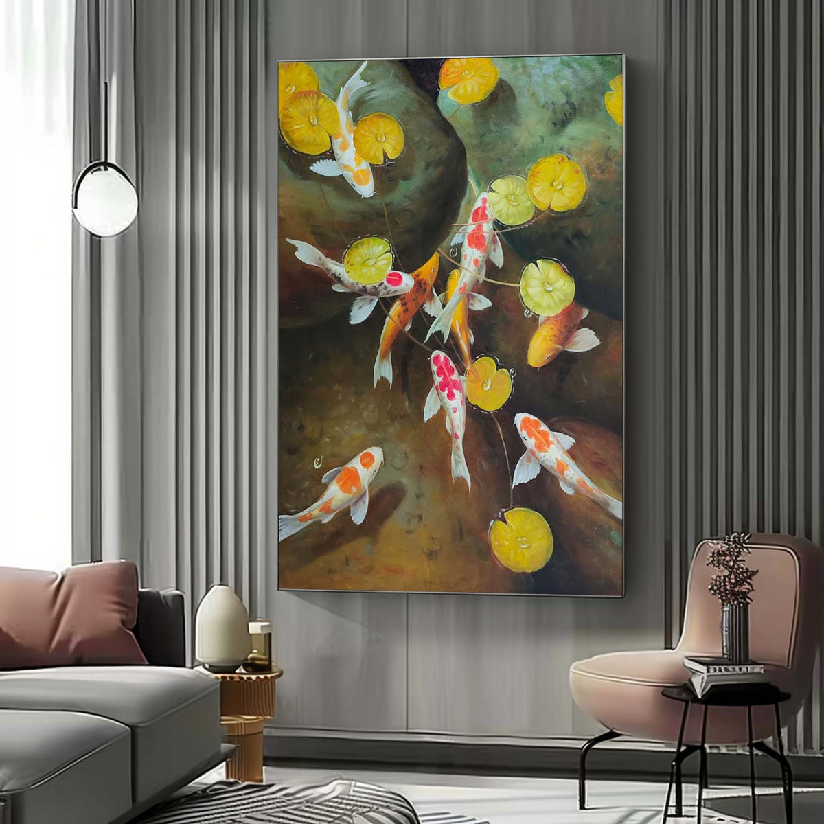 Wall Art Koi Fish Lotus Pond Realistic Oil Painting