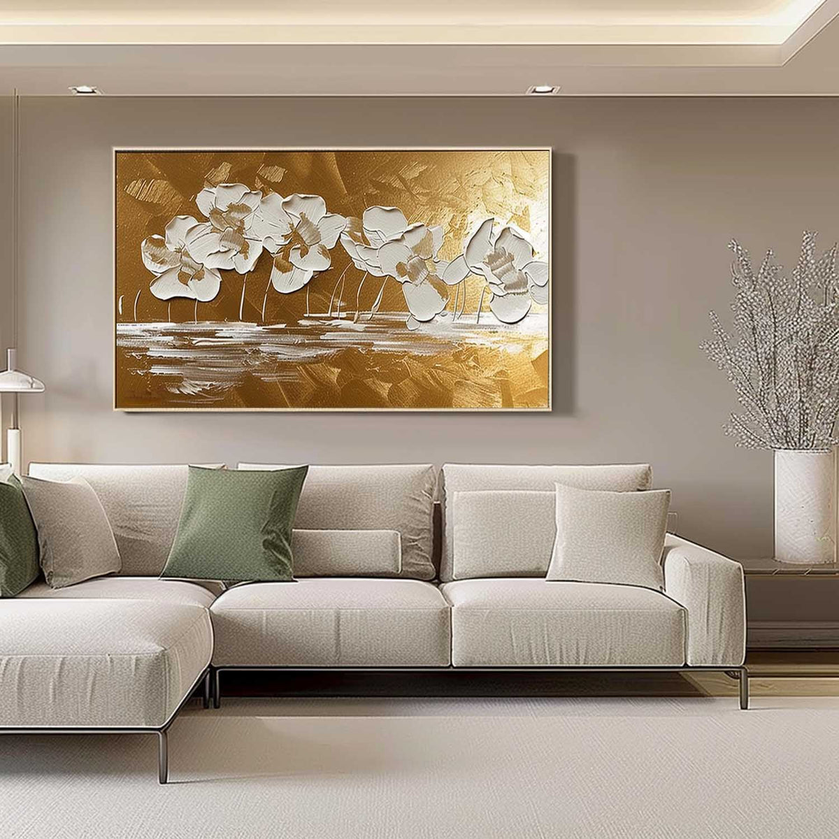 Gold & White Floral Impasto Painting