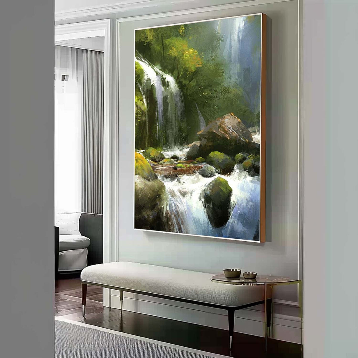 Wall Art Vertical Impressionist Waterfall Landscape Lush