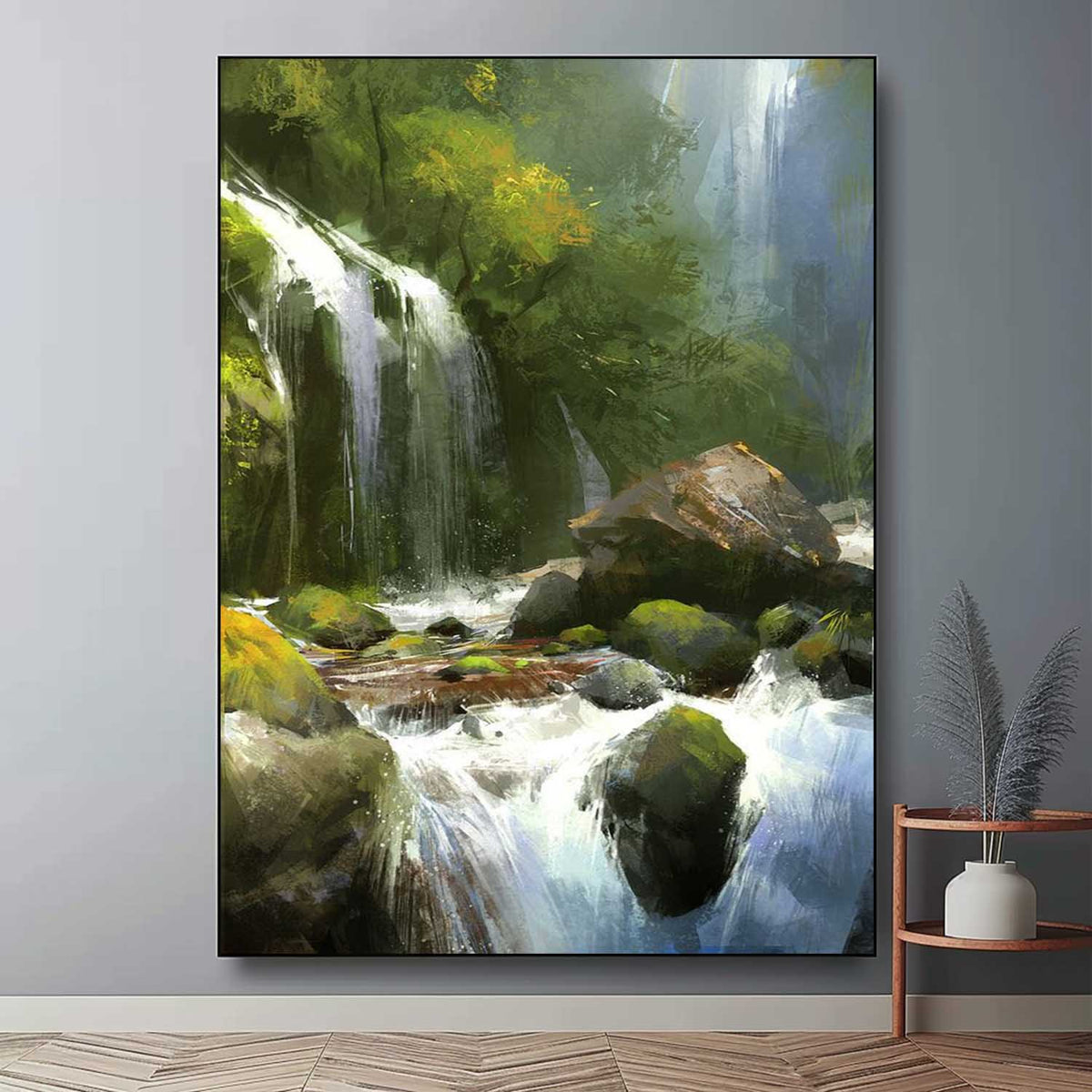 Wall Art Vertical Impressionist Waterfall Landscape Lush