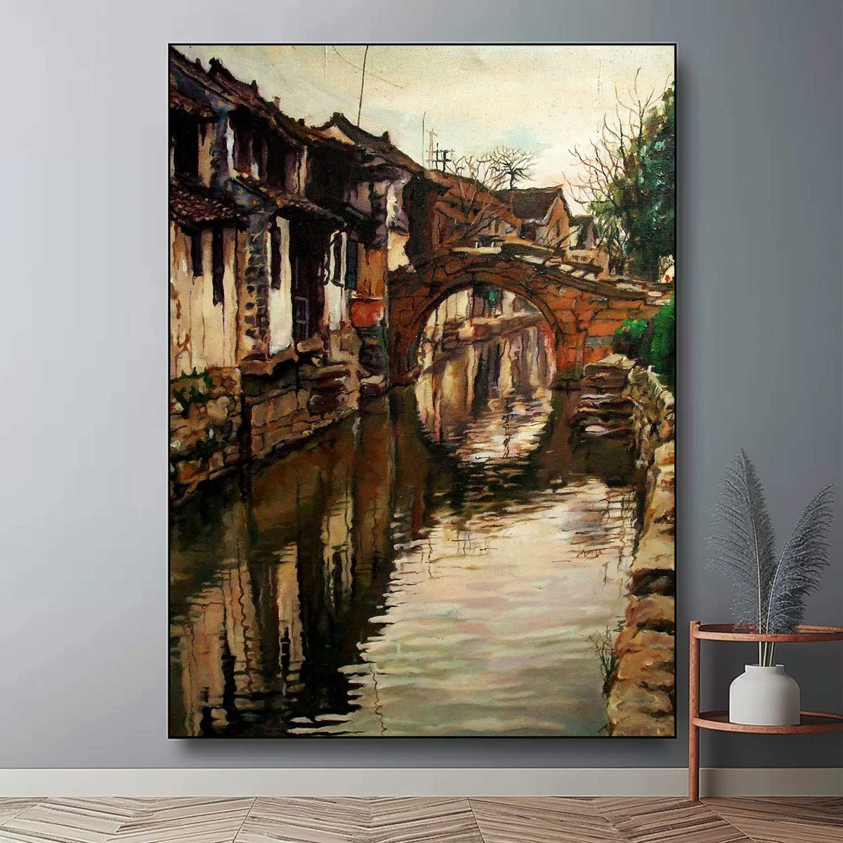 Hyperrealism Rustic Jiangnan Water Town Oil Painting