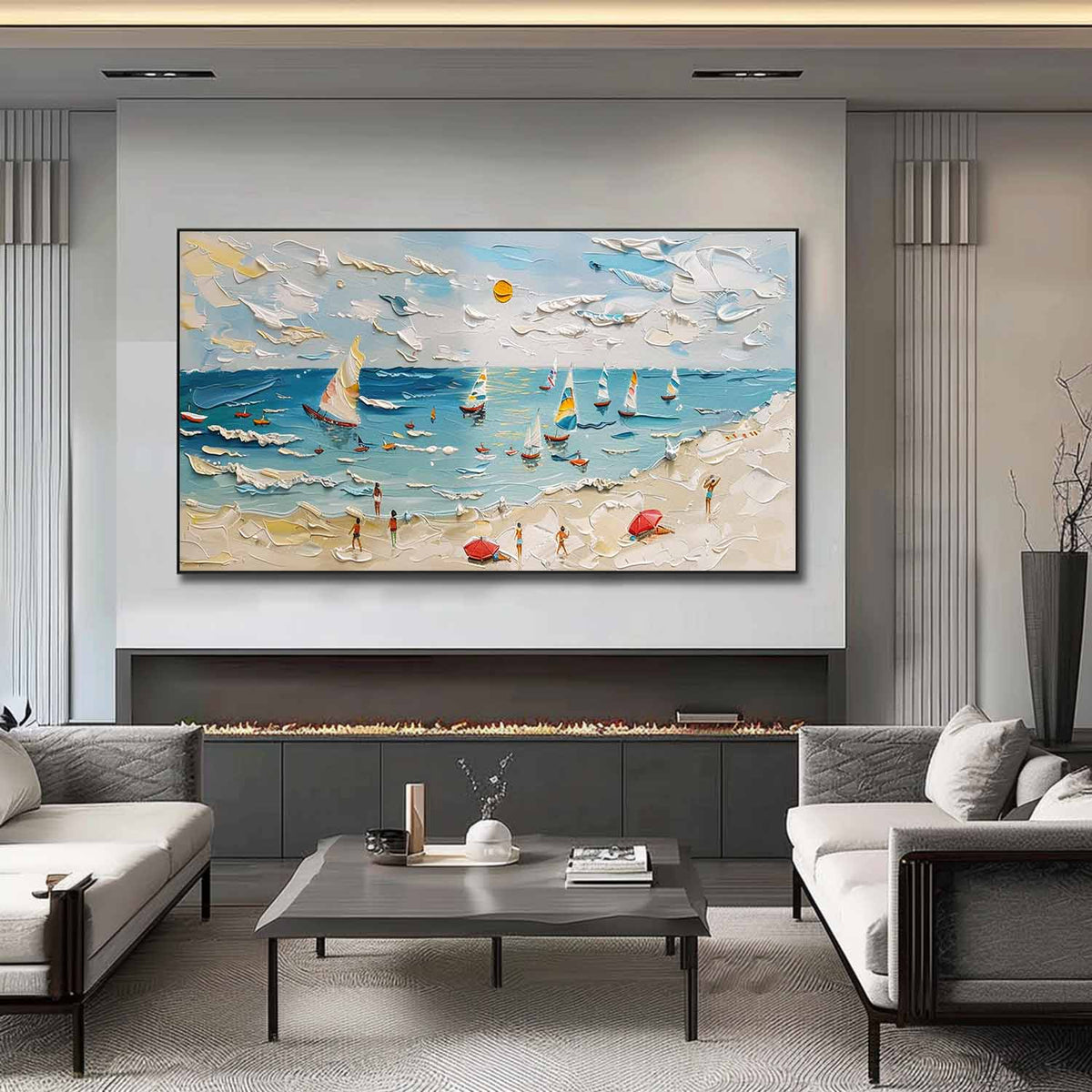 Tactile Coastal Beach Oil Painting Sailboats Bright