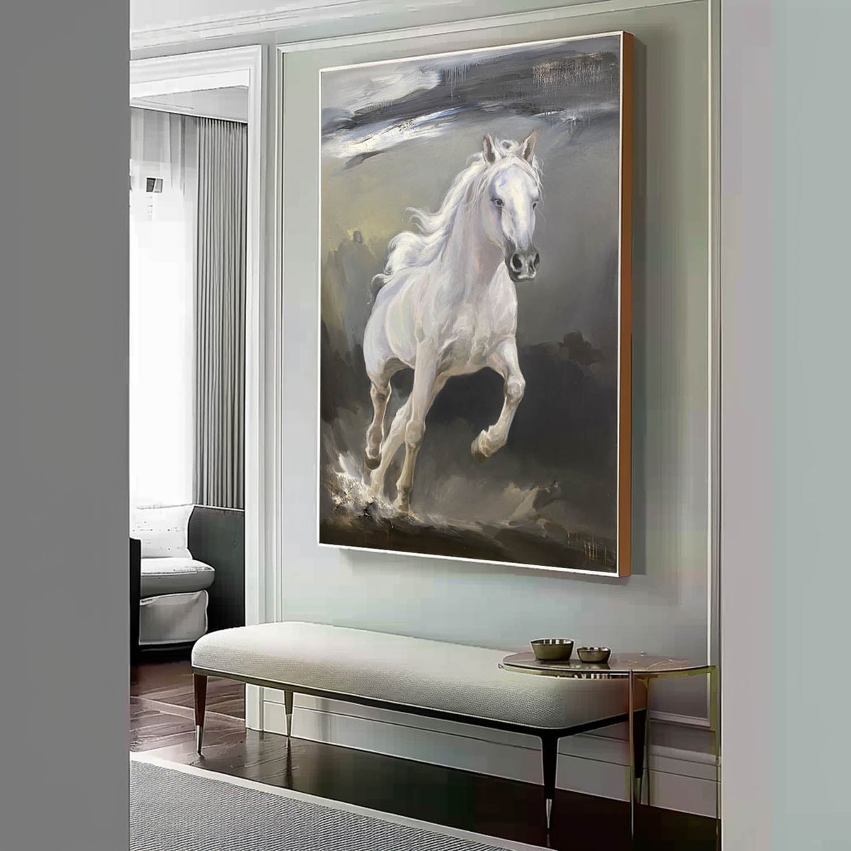 Wall Art Vertical Impressionist White Horse Scene Muted