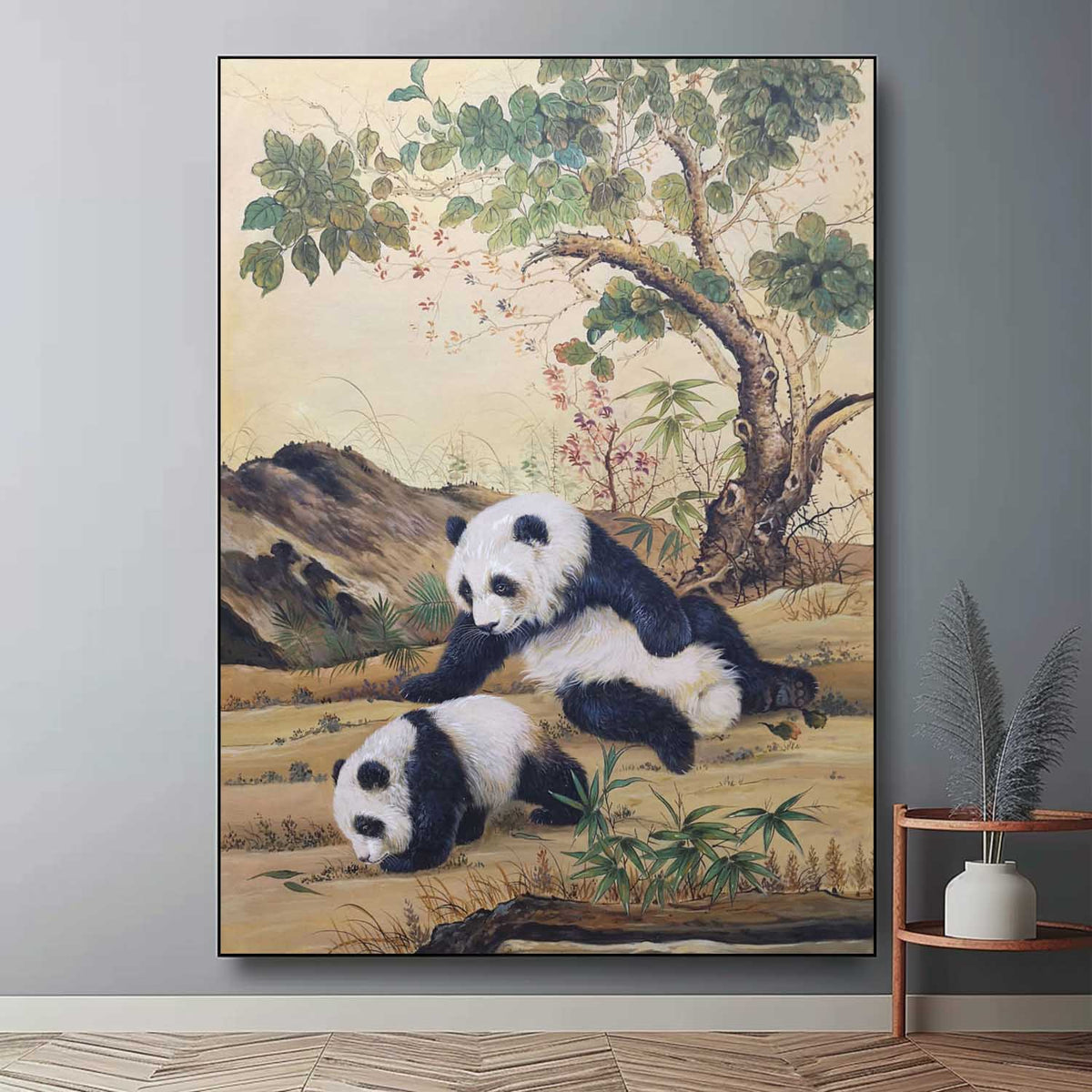 Wall Art Vertical Traditional Chinese Panda Scene Soft