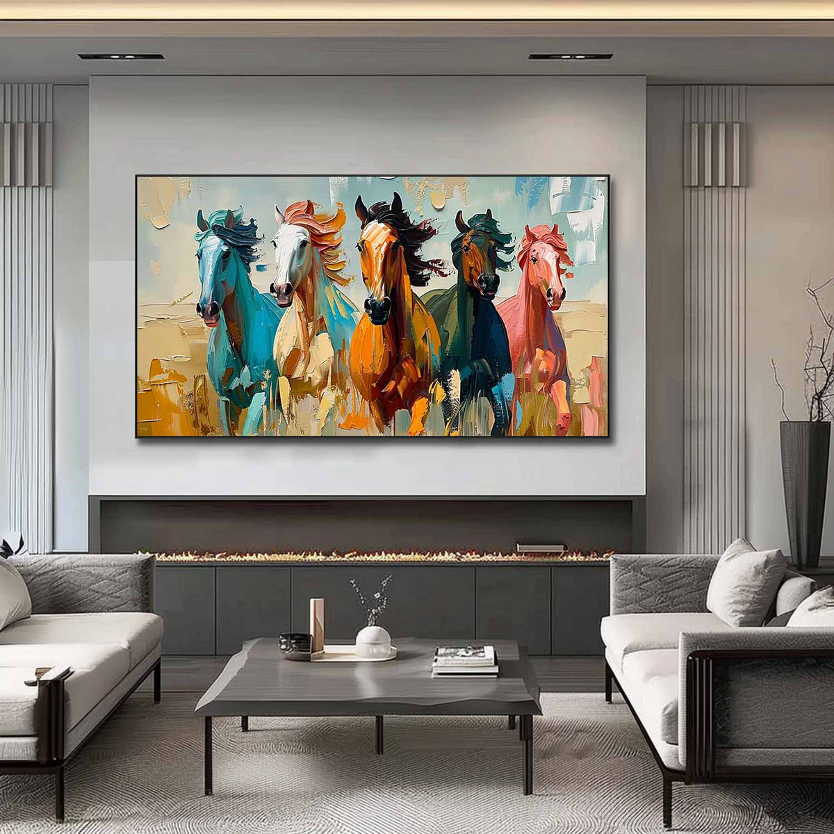 Wall Art Panoramic Impressionist Running Horses