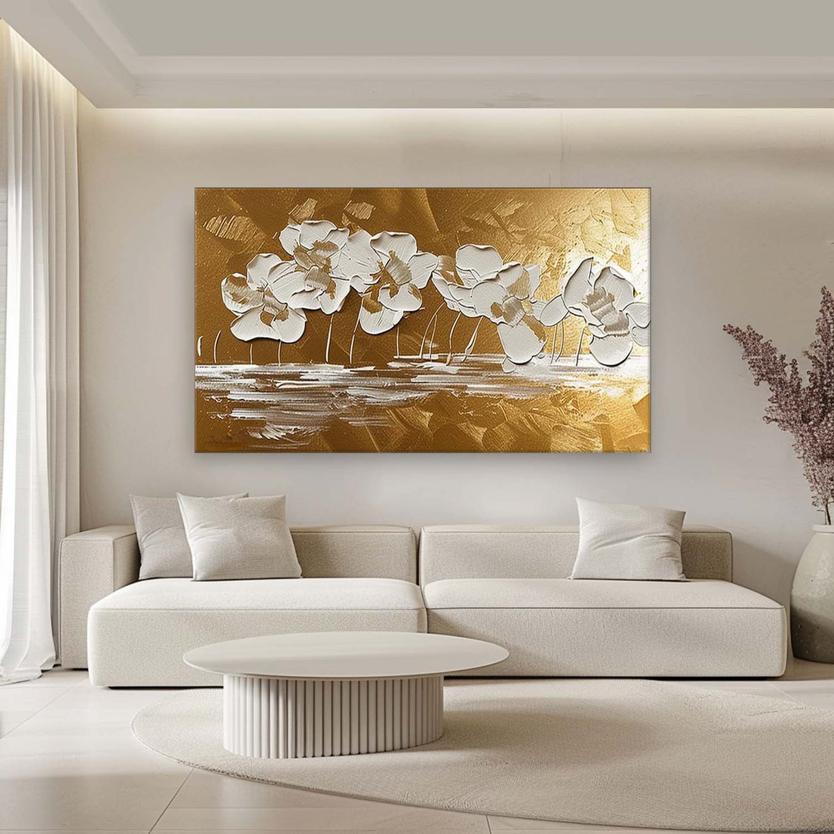 Gold & White Floral Impasto Painting
