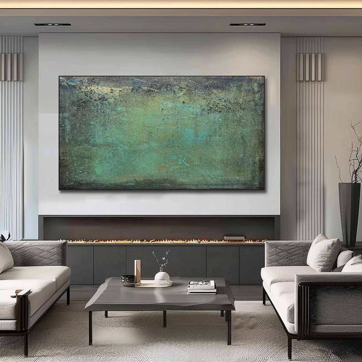 Moody Landscape Painting Teal And Black Atmospheric