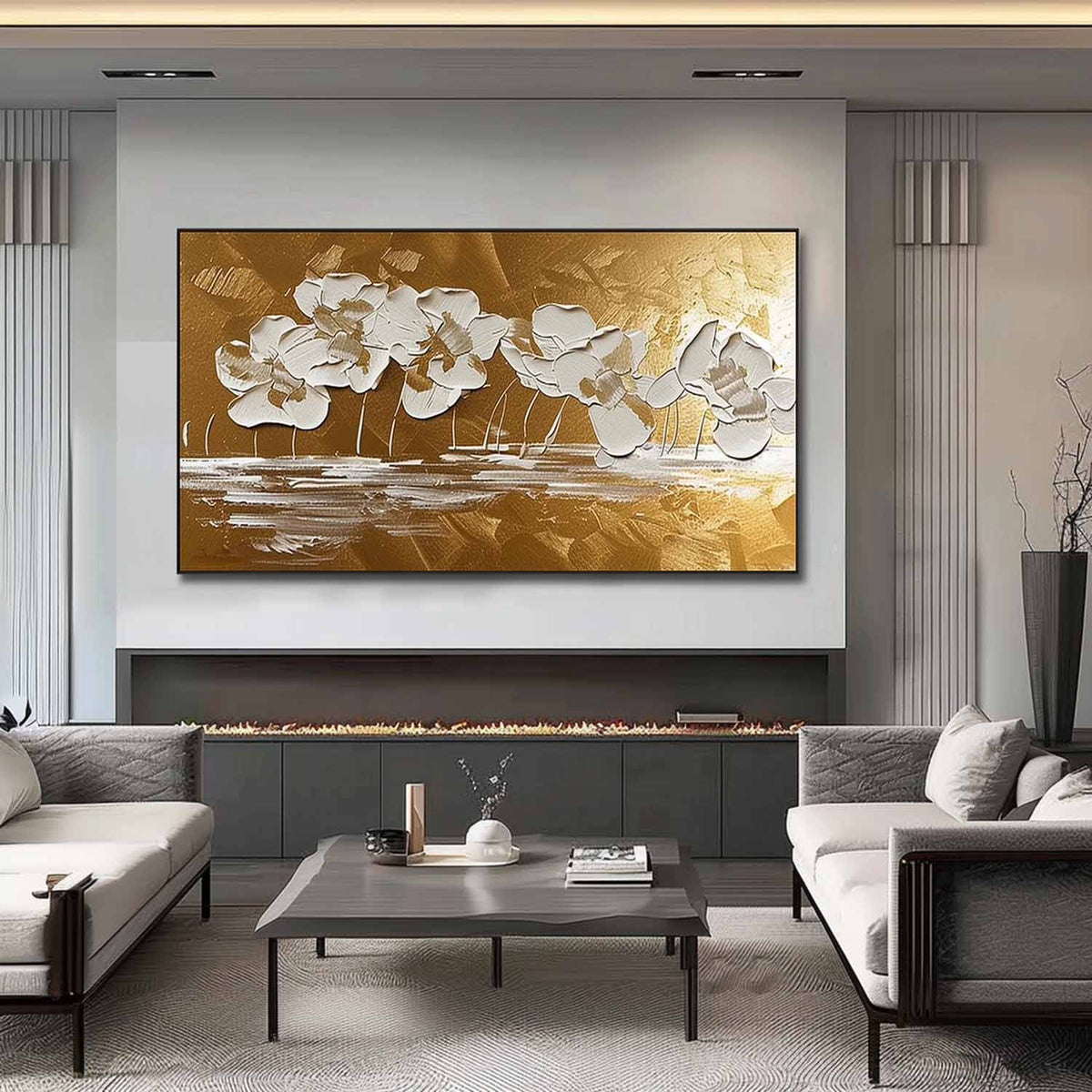 Gold & White Floral Impasto Painting